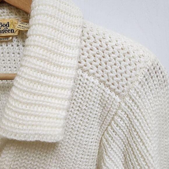 Littlewood & Green Sweater Women L Cream Cardigan Open Chunky Pocket Vtg Grandma - Picture 4 of 10